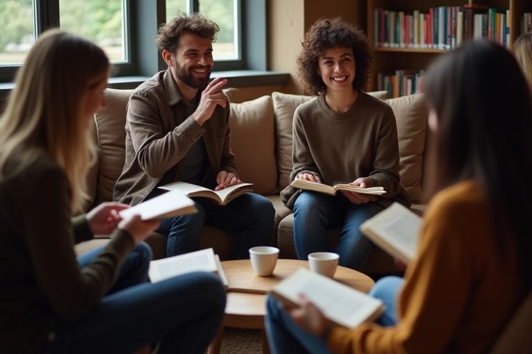 Un gruppo di persone sedute in cerchio che discutono animatamente con dei libri in mano.