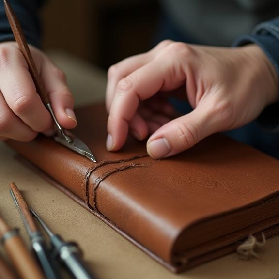 Mani esperte che lavorano su una copertina in pelle per una legatura artigianale.